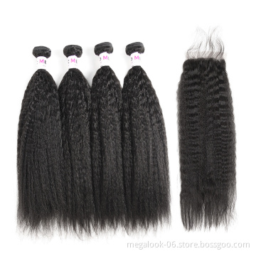 Afro Kinky Straight Indian Remy Virgin Human Hair Weft Yaki Kinky Straight Hair With Silk Top Closure